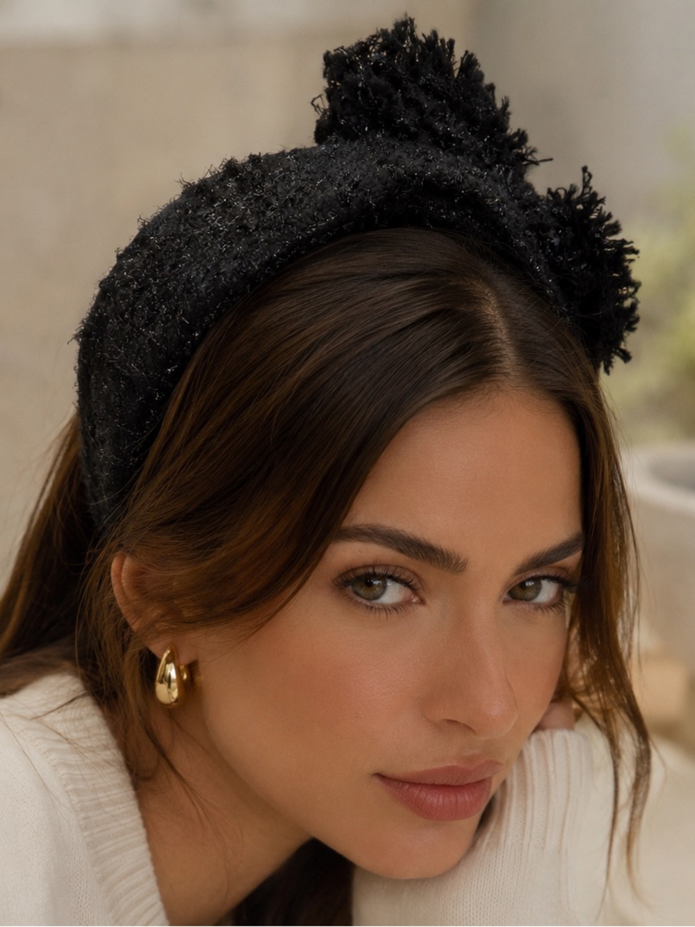Black Textured Pom-Pair Headband - Women Accessories